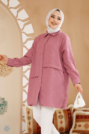 Düğmeli Gül Kurusu Tesettür Tunik 30881GK - 2