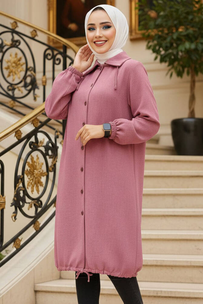Düğmeli Gül Kurusu Tesettür Tunik 70881GK - 1