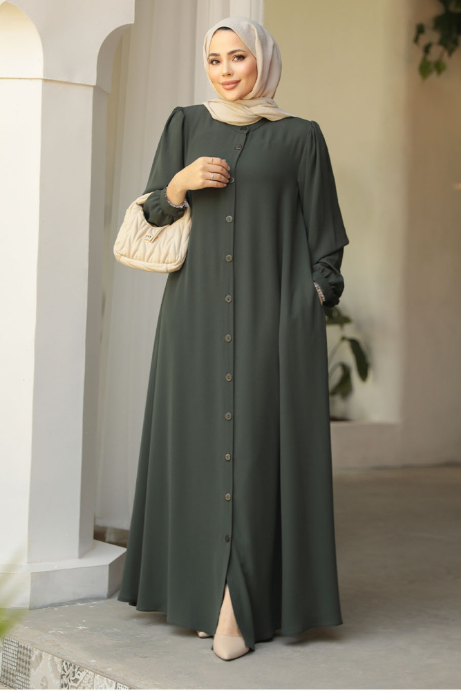 Düğmeli Haki Tesettür Abaya 45283HK - 1
