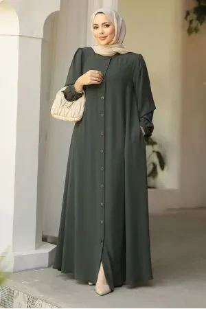 Düğmeli Haki Tesettür Abaya 45283HK 