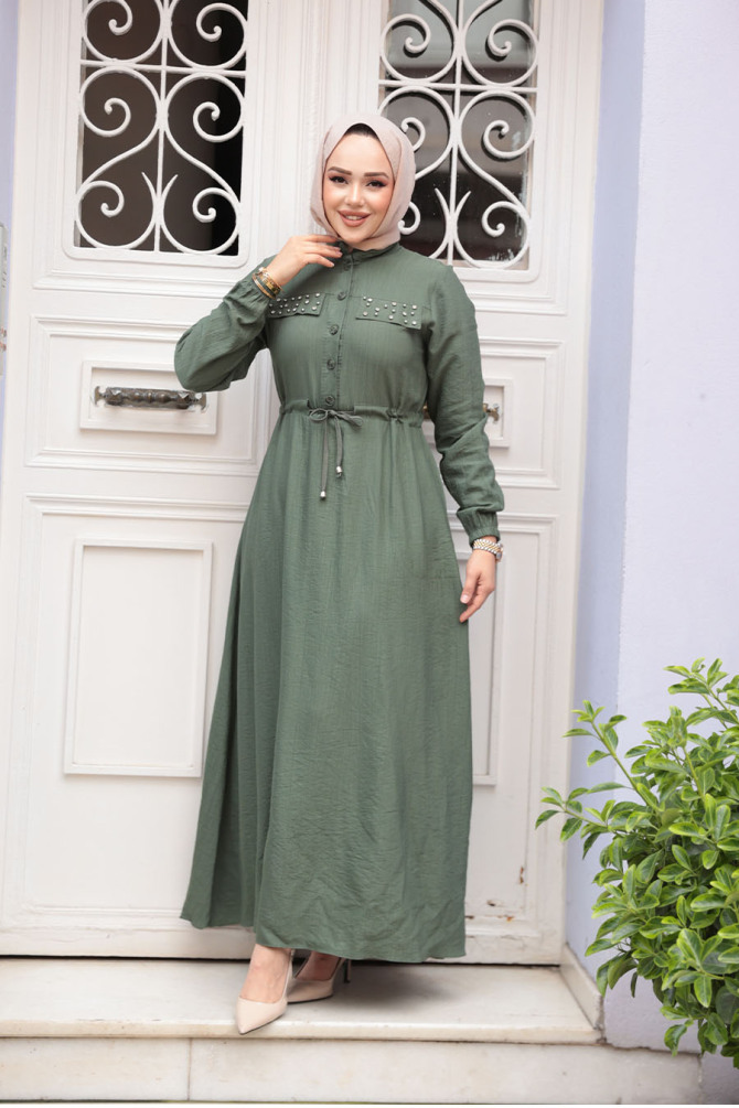 Düğmeli Haki Tesettür Elbise 17131HK - 2