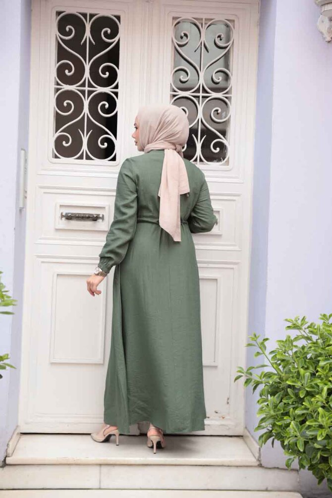 Düğmeli Haki Tesettür Elbise 17131HK - 3