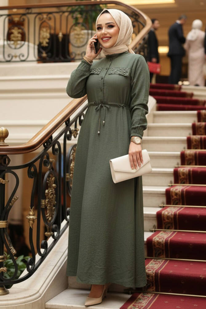 Düğmeli Haki Tesettür Elbise 17131HK - 1