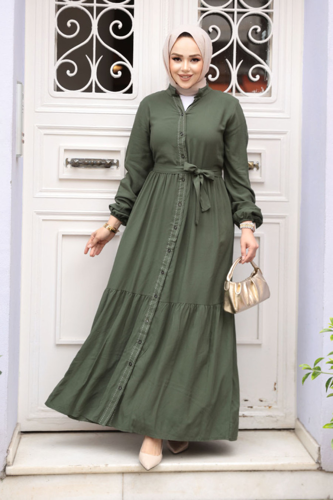 Düğmeli Haki Tesettür Elbise 23929HK - 1
