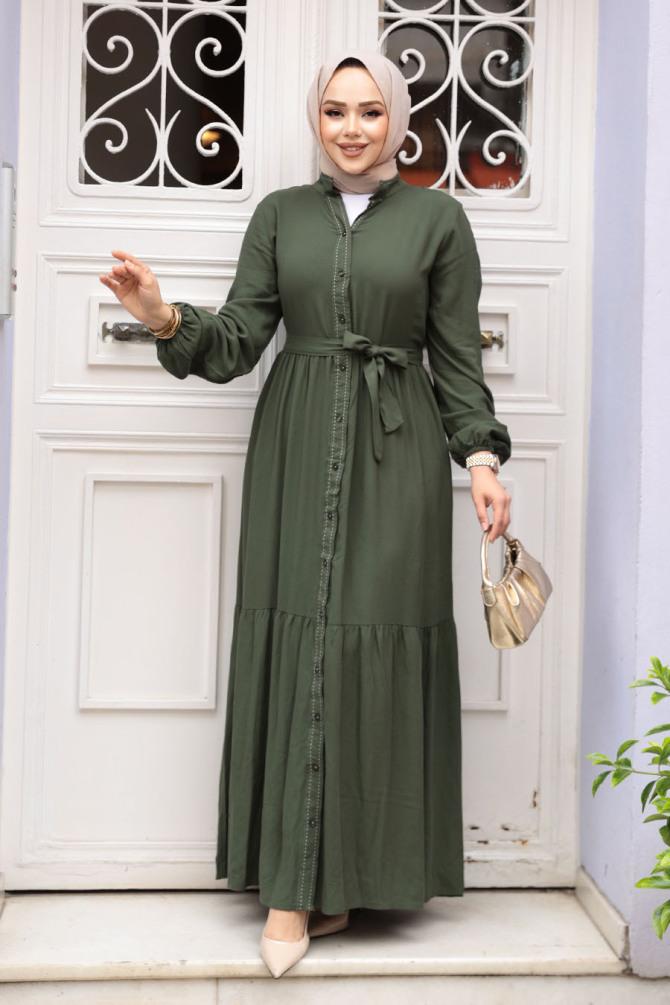 Düğmeli Haki Tesettür Elbise 23929HK - 2