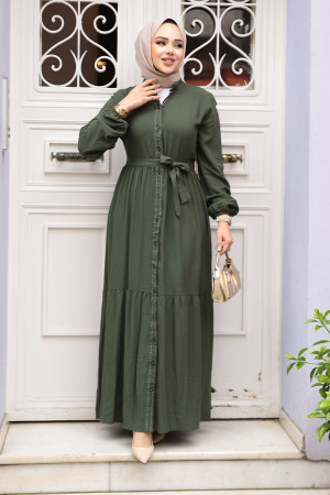 Düğmeli Haki Tesettür Elbise 23929HK - 3