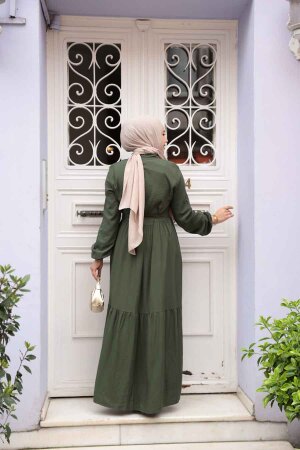 Düğmeli Haki Tesettür Elbise 23929HK - 4