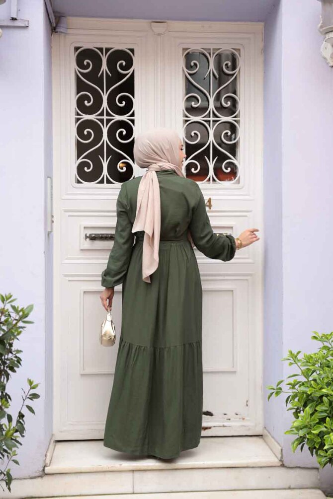 Düğmeli Haki Tesettür Elbise 23929HK - 4