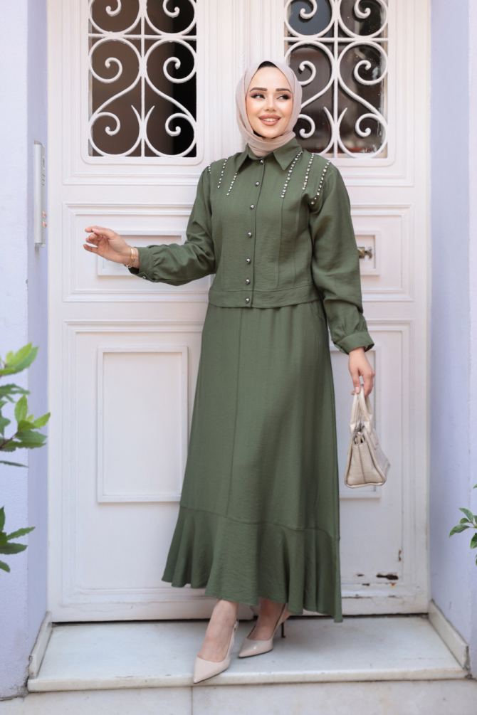 Düğmeli Haki Tesettür Etekli İkili Takım 44741HK - 2