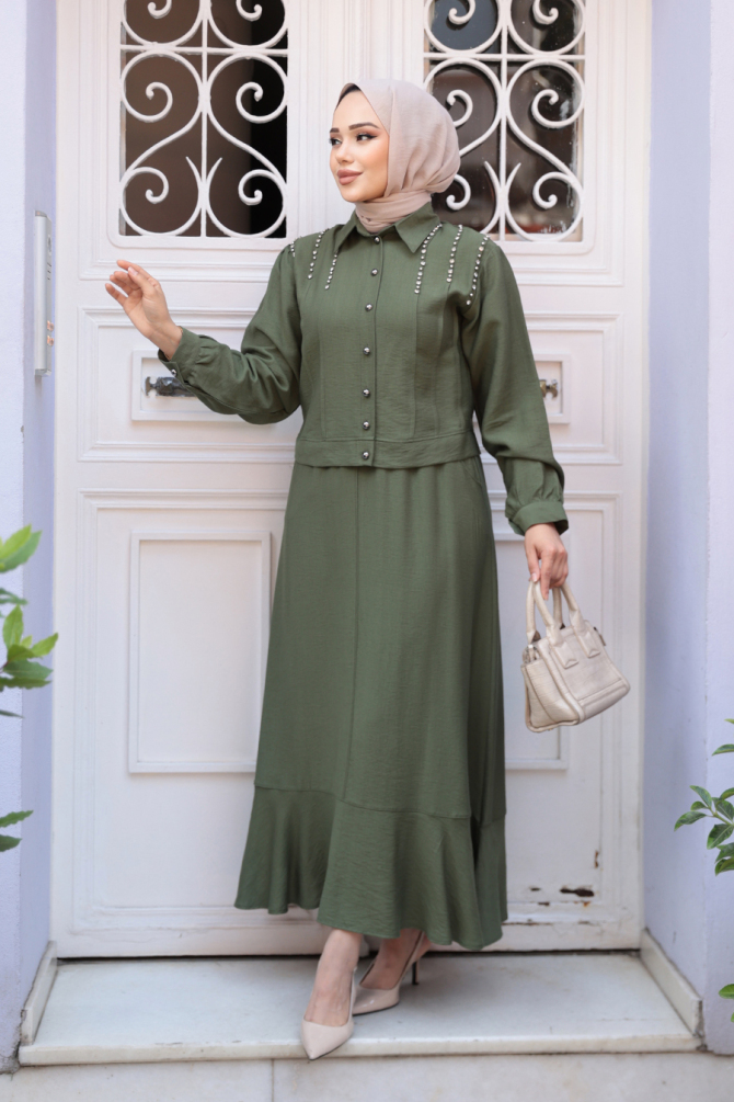 Düğmeli Haki Tesettür Etekli İkili Takım 44741HK - N.S NEVA STYLE