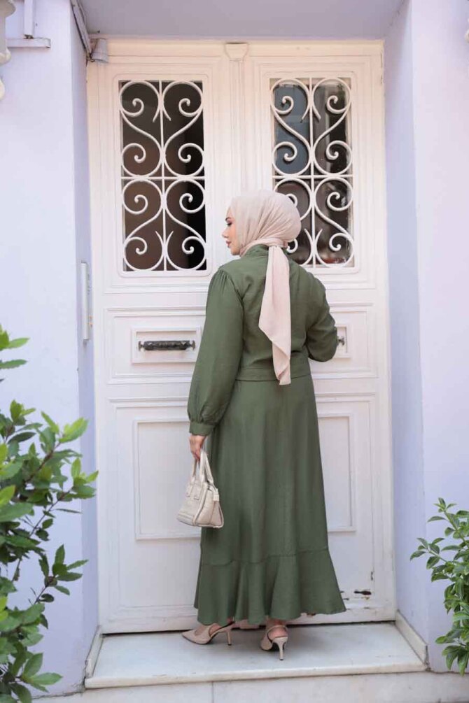 Düğmeli Haki Tesettür Etekli İkili Takım 44741HK - 3