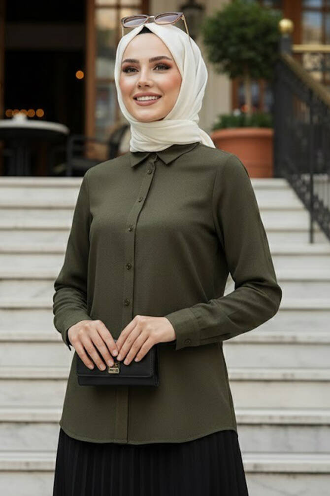 Düğmeli Haki Tesettür Gömlek 52284HK - 1