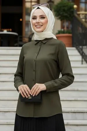 Düğmeli Haki Tesettür Gömlek 52284HK 