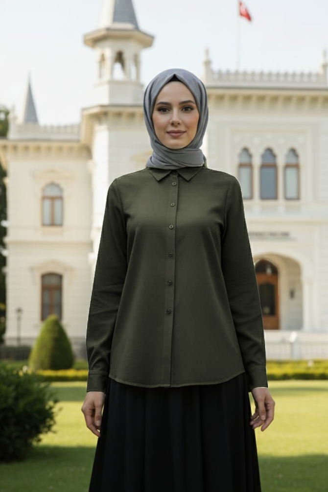 Düğmeli Haki Tesettür Gömlek 52284HK - NEVA STYLE