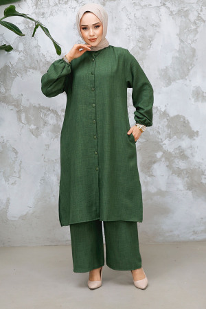 Düğmeli Haki Tesettür İkili Takım 25492HK - 2