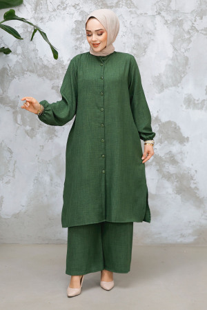 Düğmeli Haki Tesettür İkili Takım 25492HK - 1
