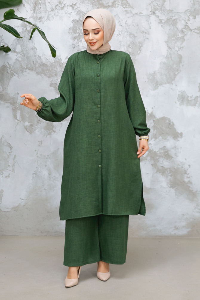 Düğmeli Haki Tesettür İkili Takım 25492HK - 1