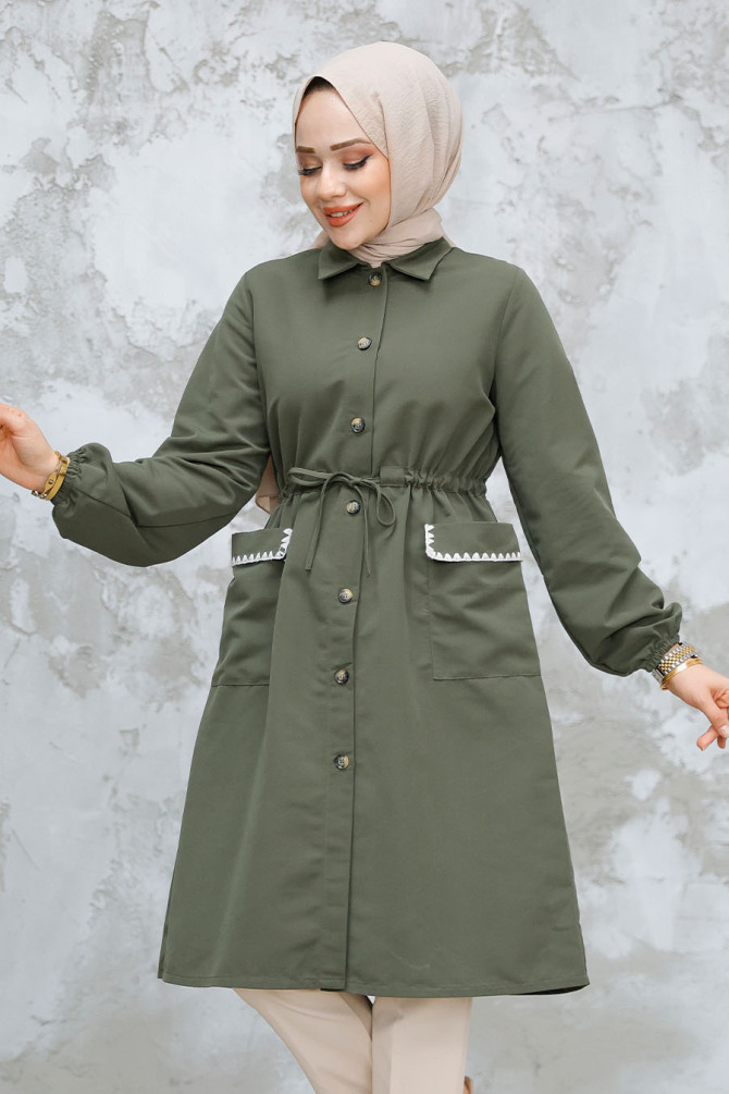 Düğmeli Haki Tesettür Kap 91781HK - NEVA STYLE