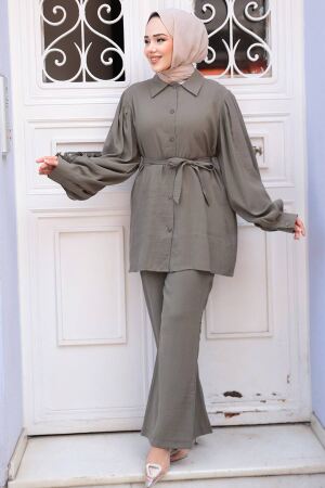 Düğmeli Haki Tesettür Modal Kumaş İkili Takım 30264HK - 3