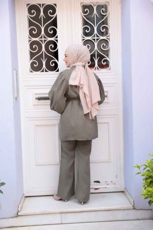 Düğmeli Haki Tesettür Modal Kumaş İkili Takım 30264HK - 4