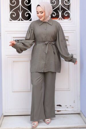 Düğmeli Haki Tesettür Modal Kumaş İkili Takım 30264HK 