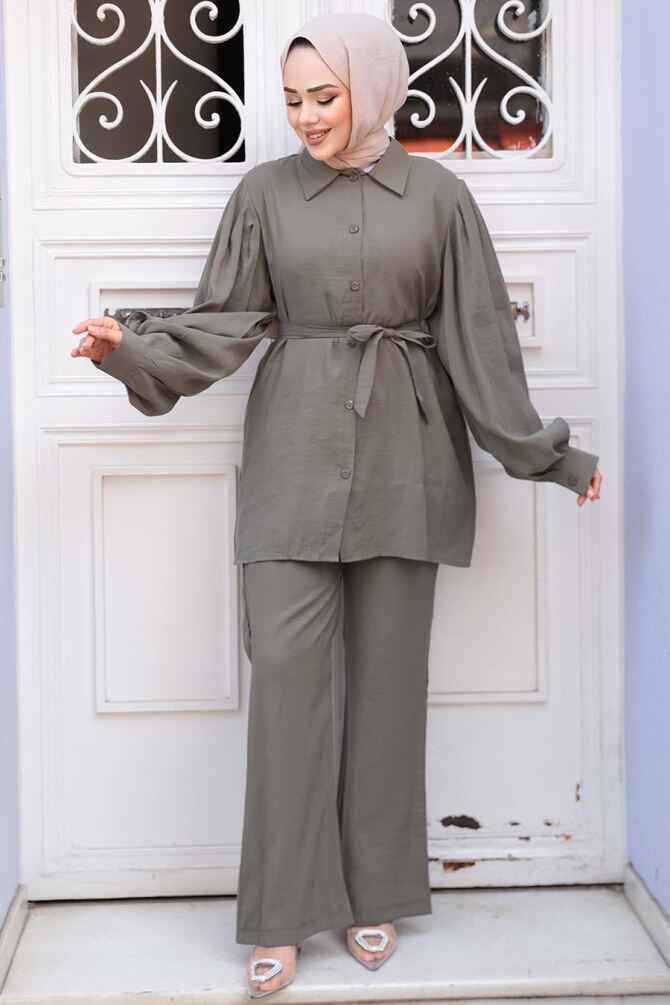 Düğmeli Haki Tesettür Modal Kumaş İkili Takım 30264HK - 1