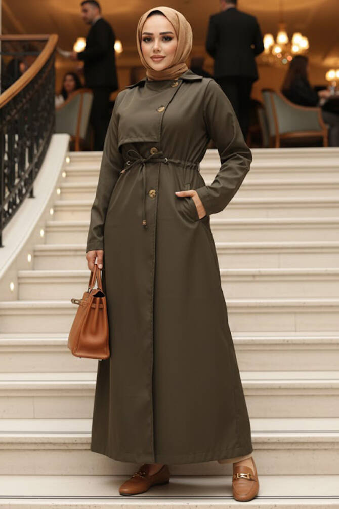 Düğmeli Haki Tesettür Trençkot 62231HK - N.S NEVA STYLE