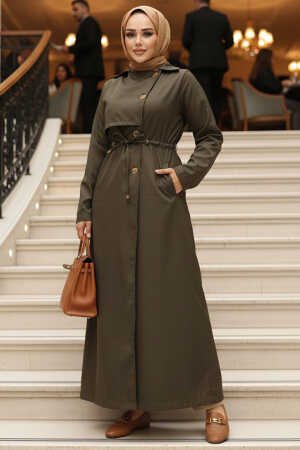 Düğmeli Haki Tesettür Trençkot 62231HK 