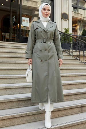 Düğmeli Haki Tesettür Trençkot 7261HK 