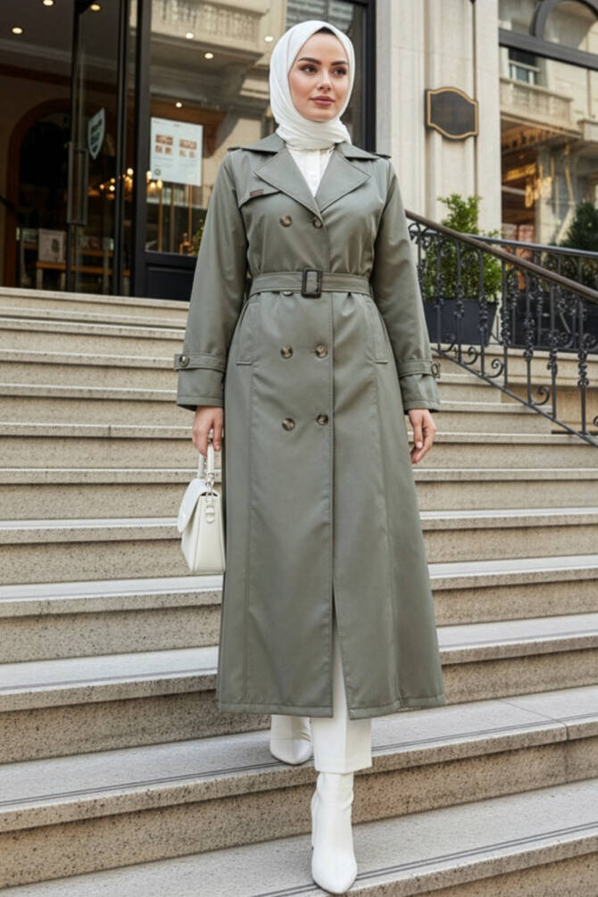 Düğmeli Haki Tesettür Trençkot 7261HK - N.S NEVA STYLE