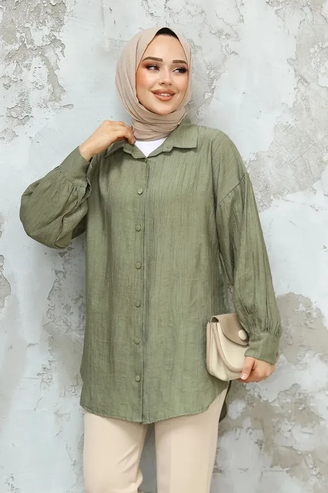 Düğmeli Haki Tesettür Tunik 10113HK - 1