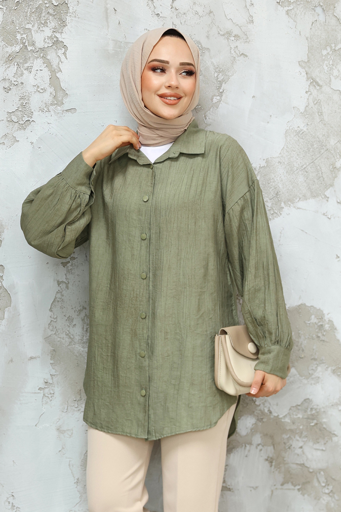 Düğmeli Haki Tesettür Tunik 10113HK - 1