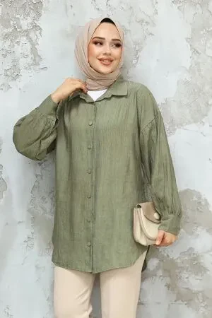 Düğmeli Haki Tesettür Tunik 10113HK 
