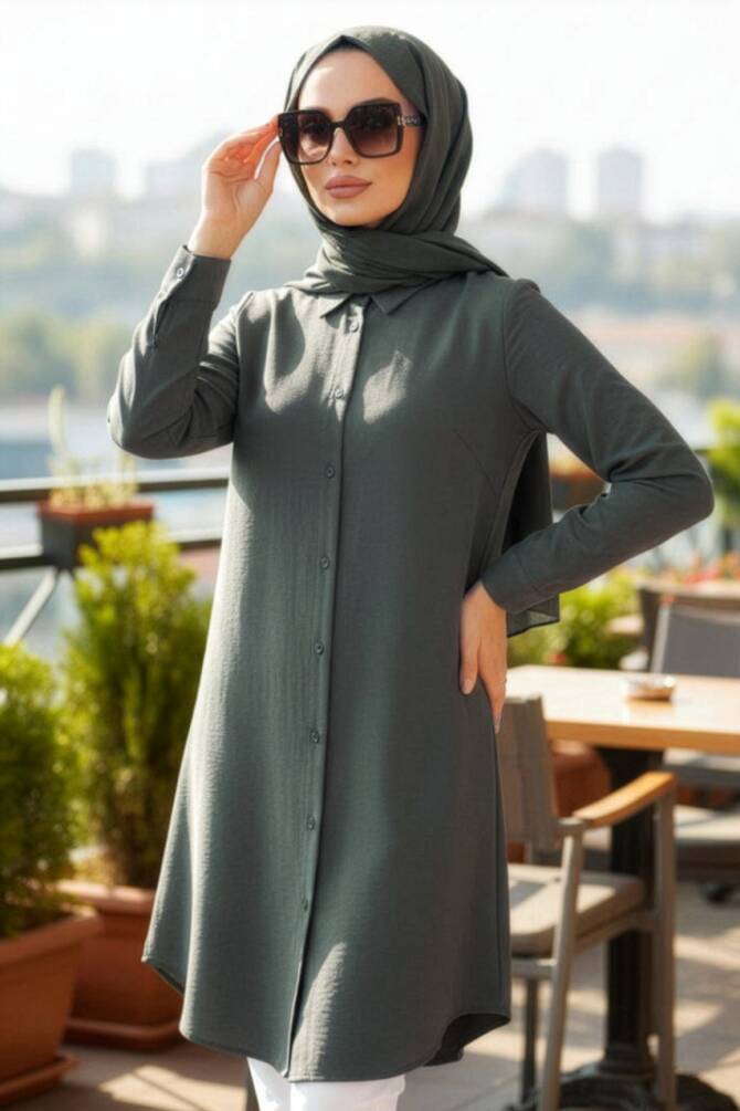 Düğmeli Haki Tesettür Tunik 11751HK - 1