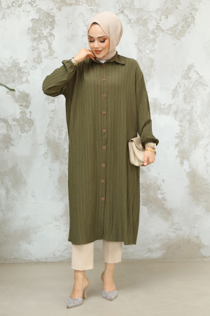 Düğmeli Haki Tesettür Tunik 45071HK - 2