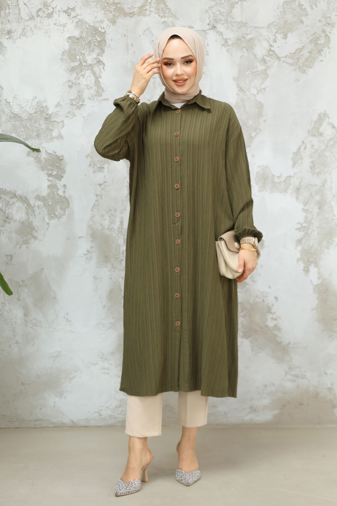 Düğmeli Haki Tesettür Tunik 45071HK - 3