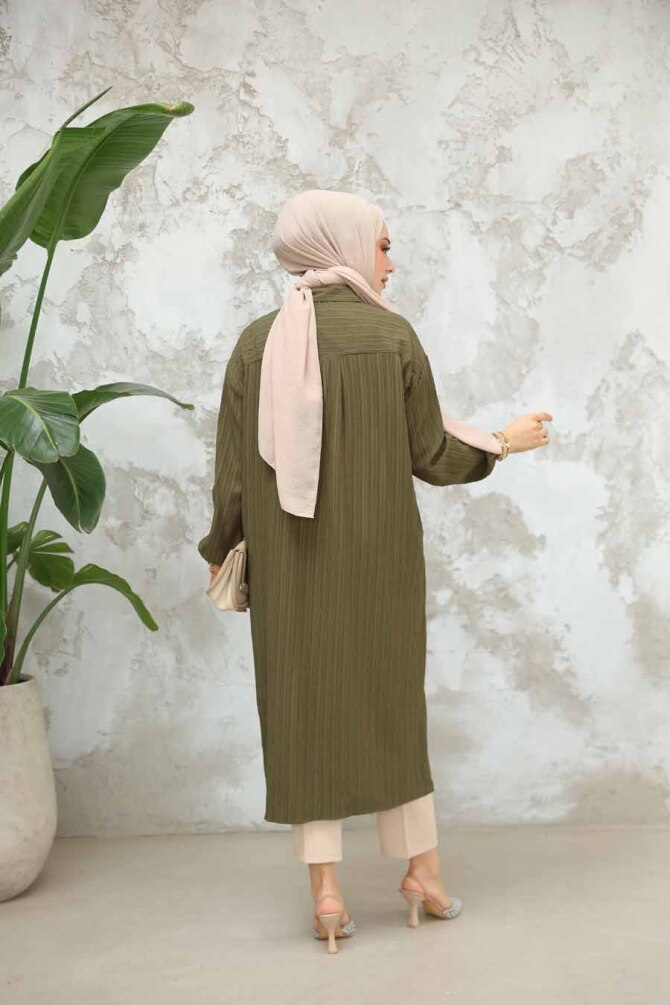 Düğmeli Haki Tesettür Tunik 45071HK - 4