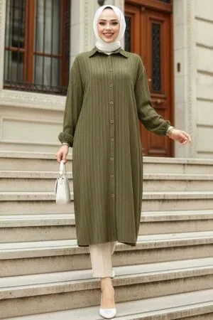 Düğmeli Haki Tesettür Tunik 45071HK 