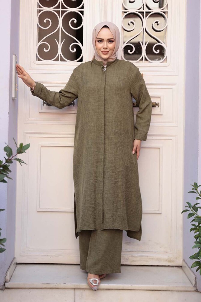 Düğmeli Haki Tesettür Üçlü Takım 76591HK - 1