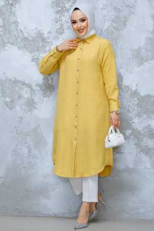Düğmeli Hardal Tesettür Tunik 10784HR - 2