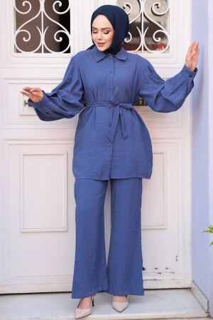 Düğmeli İndigo Mavisi Modal Kumaş Tesettür İkili Takım 30264IM - 4