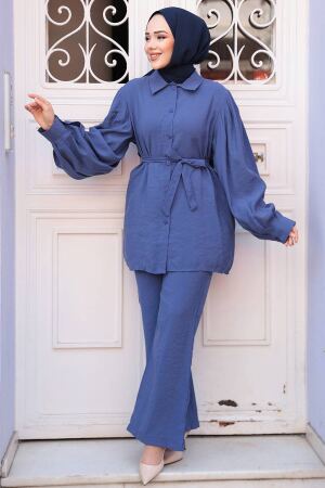 Düğmeli İndigo Mavisi Modal Kumaş Tesettür İkili Takım 30264IM - 3