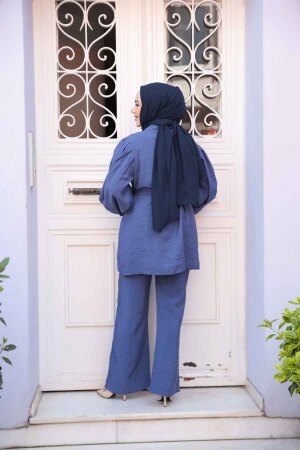Düğmeli İndigo Mavisi Modal Kumaş Tesettür İkili Takım 30264IM - 5