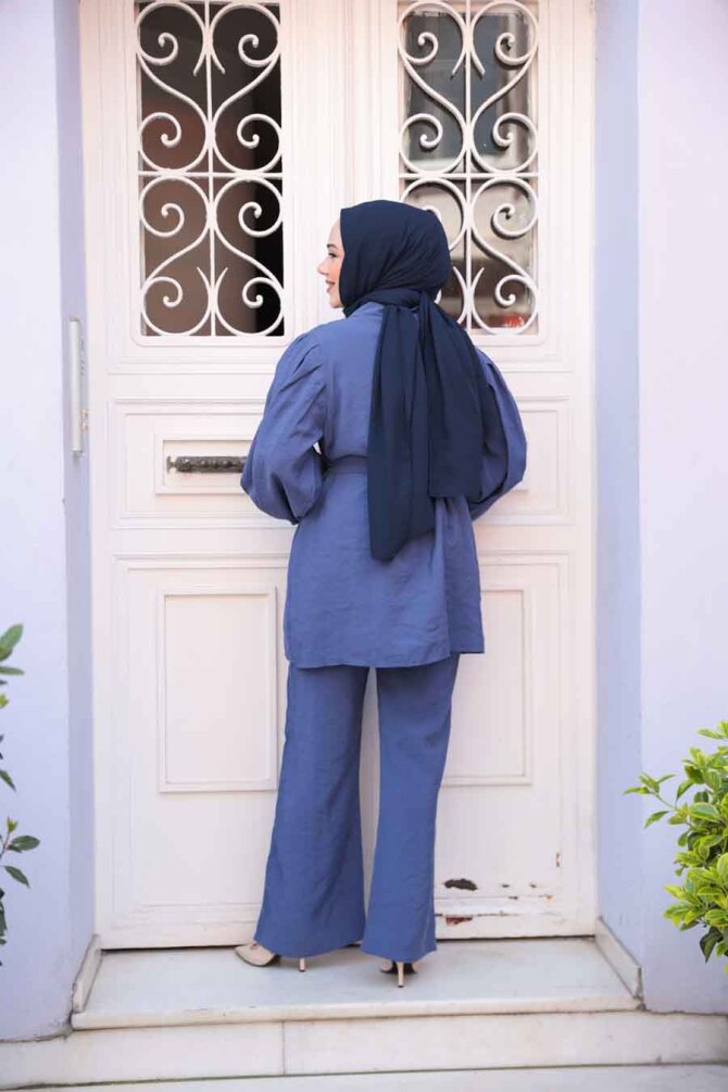 Düğmeli İndigo Mavisi Modal Kumaş Tesettür İkili Takım 30264IM - 5