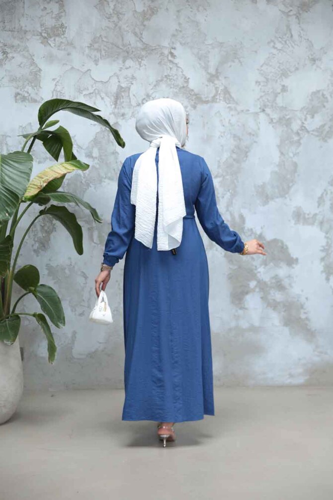 Düğmeli İndigo Mavisi Tesettür Elbise 17131IM - 4