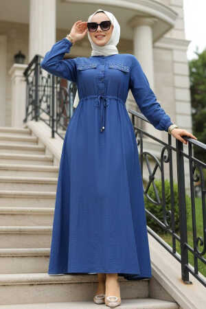 Düğmeli İndigo Mavisi Tesettür Elbise 17131IM - 1