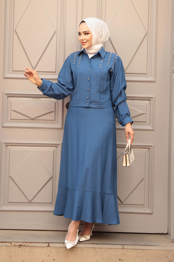 Düğmeli İndigo Mavisi Tesettür Etekli İkili Takım 44741IM - N.S NEVA STYLE