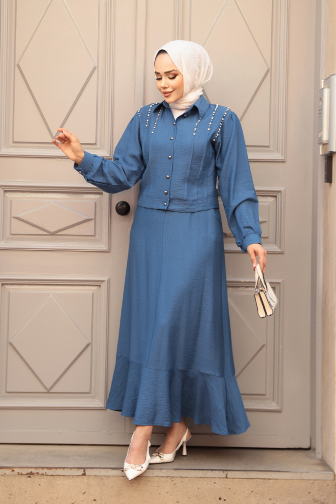 Düğmeli İndigo Mavisi Tesettür Etekli İkili Takım 44741IM - 2