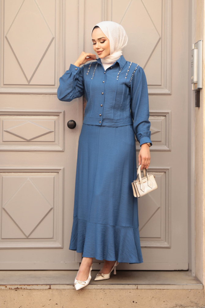 Düğmeli İndigo Mavisi Tesettür Etekli İkili Takım 44741IM - 3