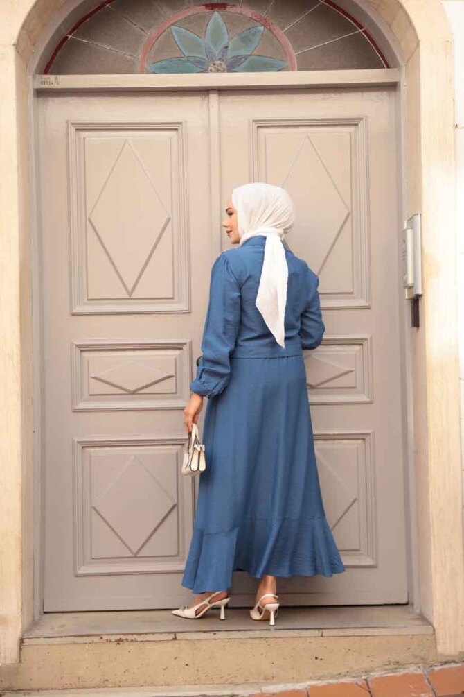 Düğmeli İndigo Mavisi Tesettür Etekli İkili Takım 44741IM - 4